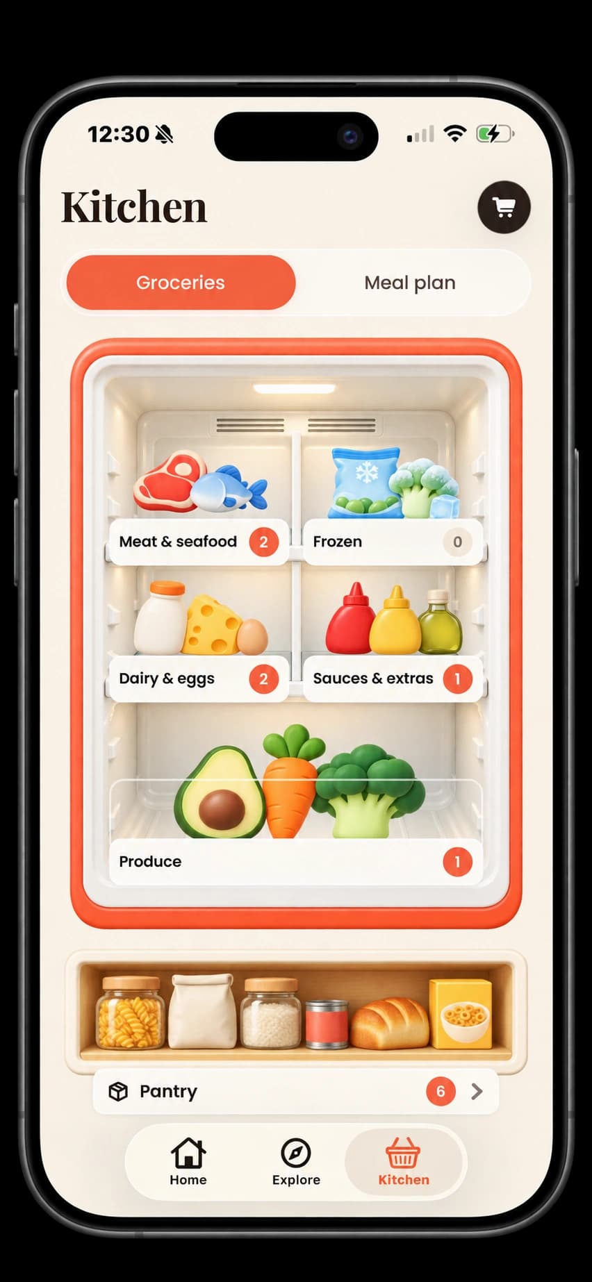 Bunpy’s illustrated fridge and pantry with groceries organized by category, inside an iPhone frame