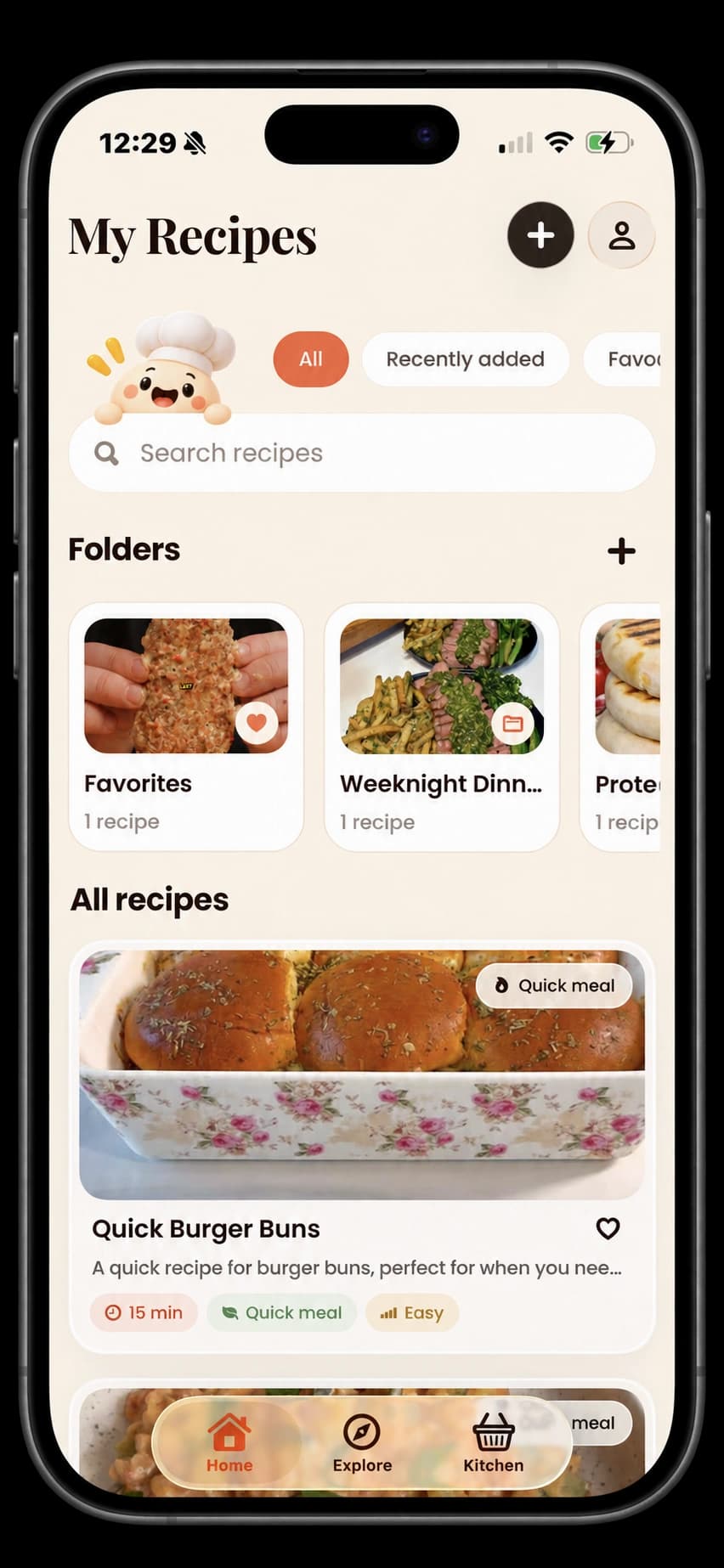 Bunpy’s My Recipes screen with folders, search, and saved recipe cards in an iPhone frame