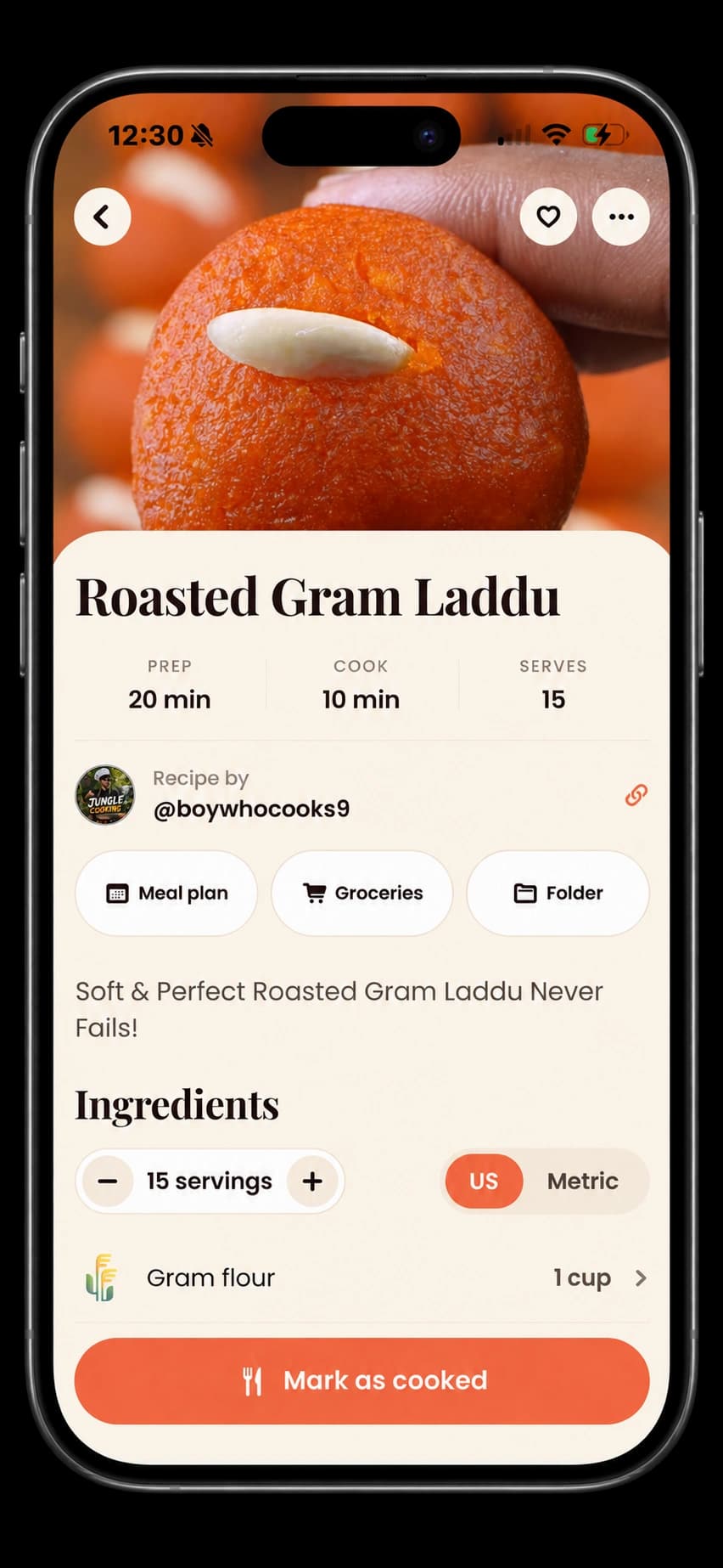 Bunpy’s recipe view showing a food photo, adjustable servings, and ingredient amounts